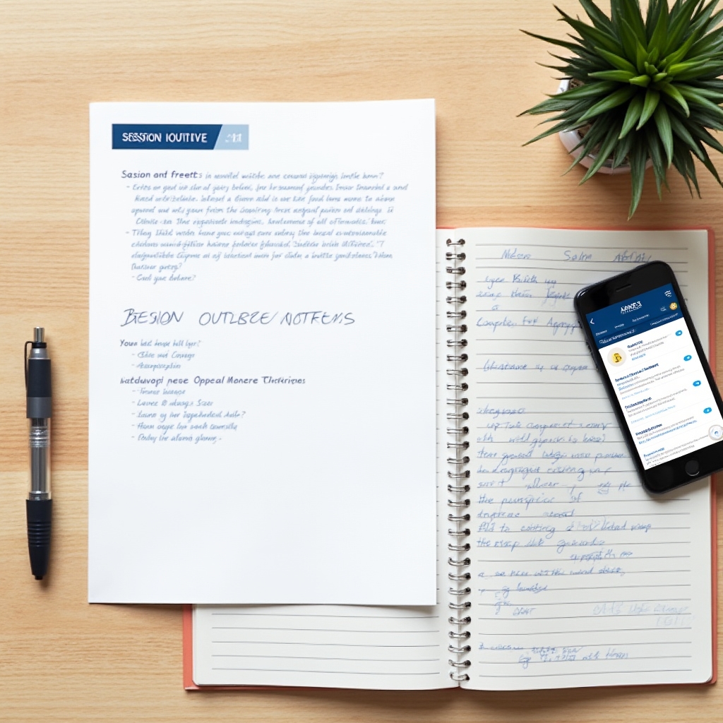 Overview of session materials laid out on a desk with notes and printed documents
